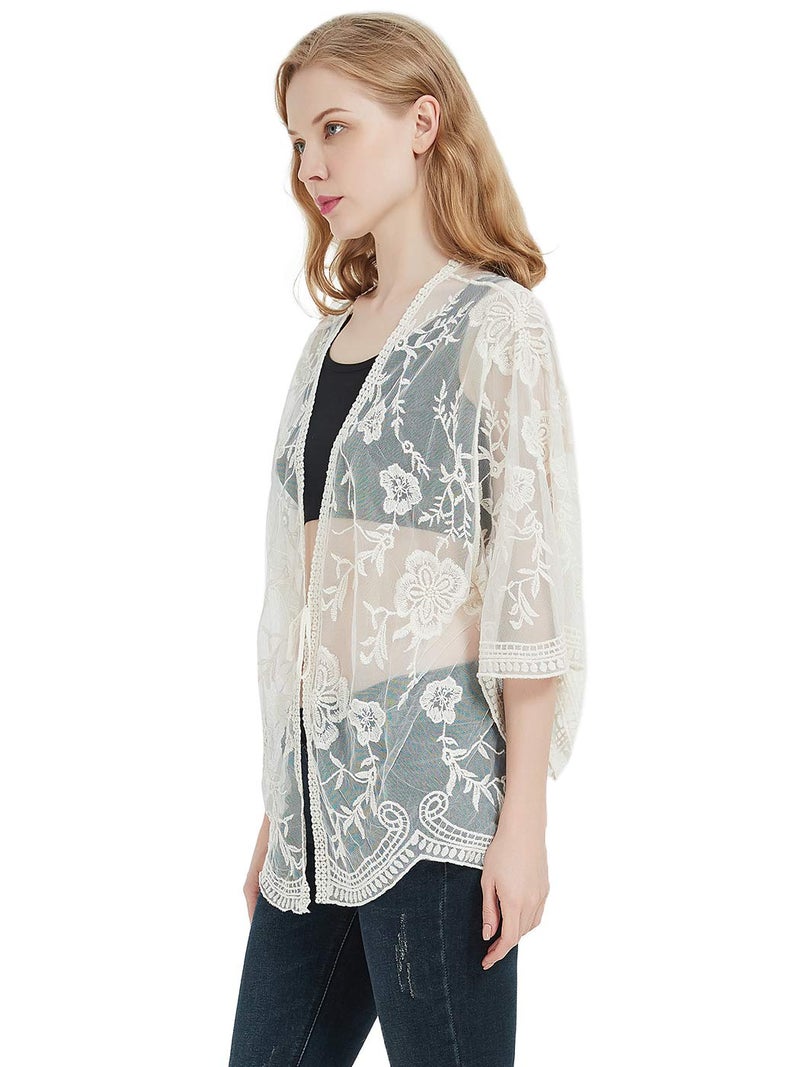 Anna-Kaci Womens Long Embroidered Lace Kimono Cardigan with Half Sleeves, Beige, One Size - Image 4